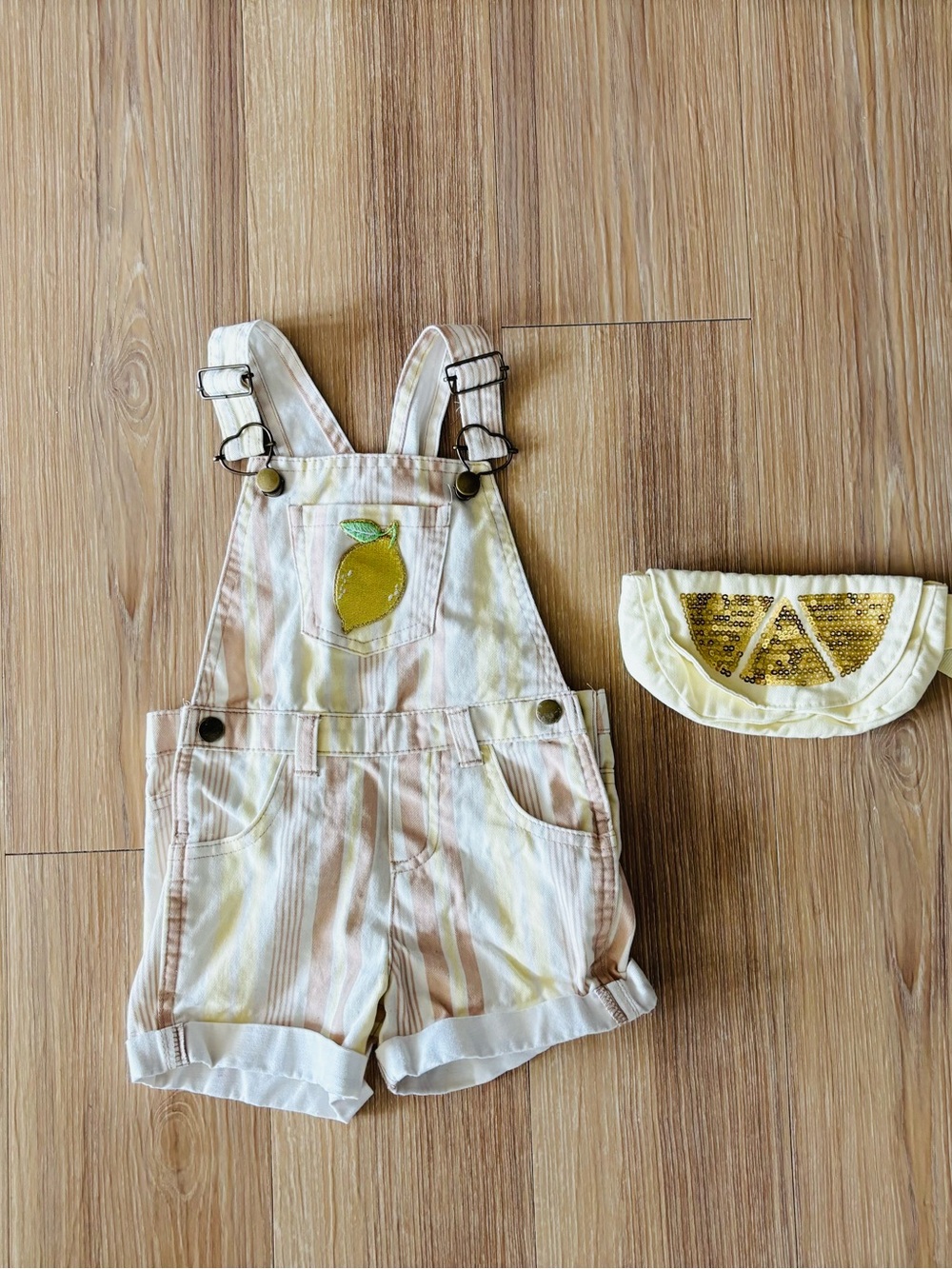 Girls Overalls Shorts Bib Yellow Lemon Stripe Cotton Fannypack Set 2T Preppy 90s